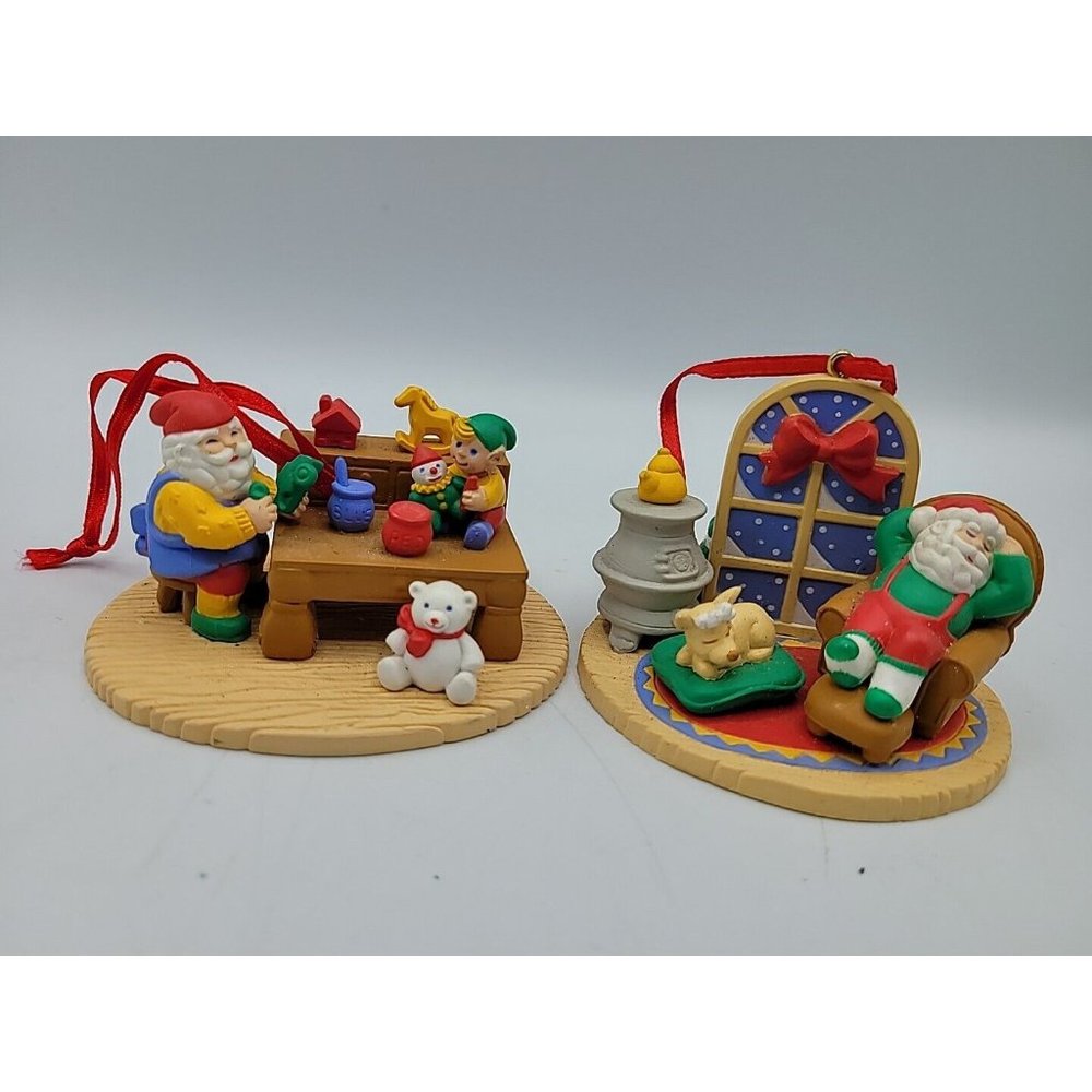 Avon Christmas Tree Ornaments Santa Workshop Toy Making, Resting Sleeping Santa